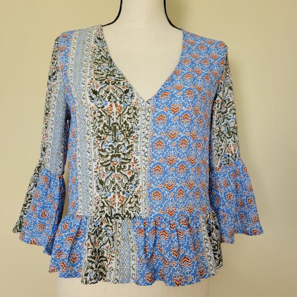 Glamorous Size 8 Blouse Boho Hippie V-Neck Pullover Ruffled Peplum Bell Sleeves - Picture 1 of 15